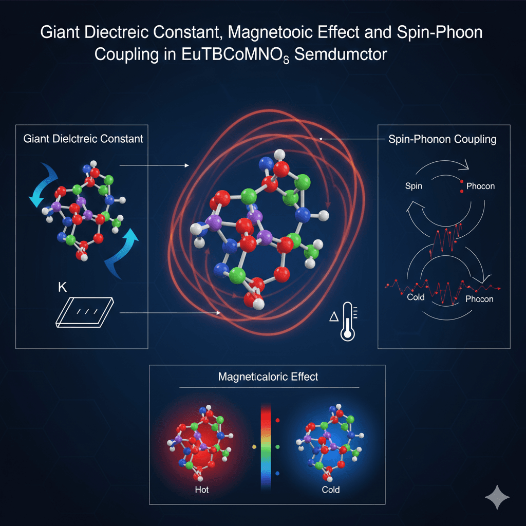 Giant dielectric constant, magnetocaloric effect and spin-phonon coupling in EuTbCoMnO6 semiconductor