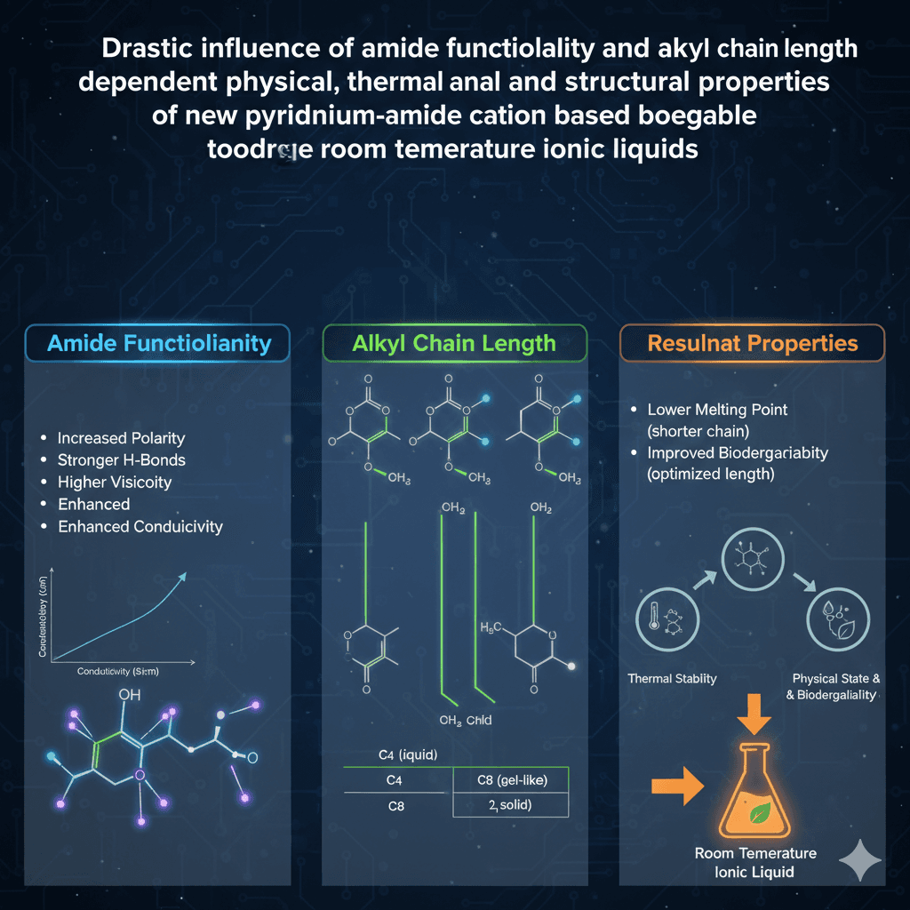Drastic influence of amide functionality and alkyl chain length dependent physical, thermal and structural properties of new pyridinium-amide cation based biodegradable room temperature ionic liquids