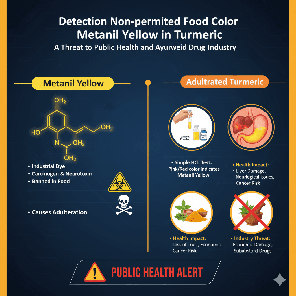 Detection of Non-permitted Food Color Metanil Yellow in Turmeric – A Threar to the Public Health abd Ayurvedic Drug Industry