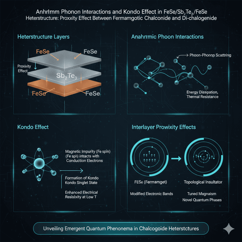 Anharmonic phonon interactions and Kondo effect in FeSe/Sb 2 Te 3 /FeSe hetero-structure: Proximity effect between ferromagnetic chalcogenide and di-chalcogenide