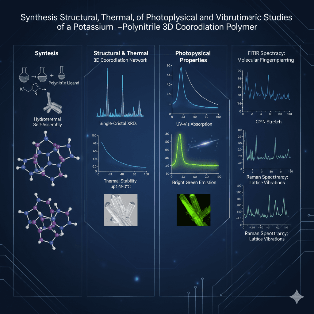 Synthesis, structural, thermal, photophysical and vibrational spectroscopic studies of potassium-polynitrile based 3D coordination polymer